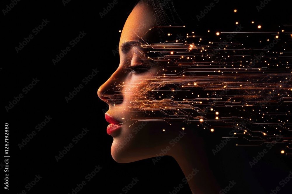 Poster human face merging with glowing digital circuits creates a blend of technology and human emotion in 