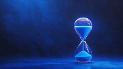 Elegant hourglass filled with blue sand, illuminated against a dark blue background