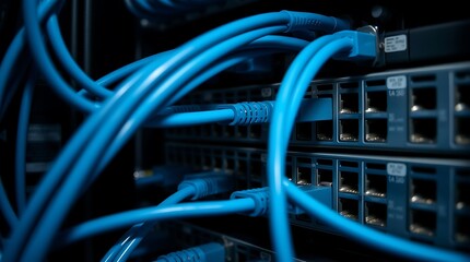 Ethernet Wires Connected to Stack of Router Switches &ndash; Internet Connectivity and Computer Network Technology, ethernet cables, router switch, internet connectivity, computer network, LAN, WAN

