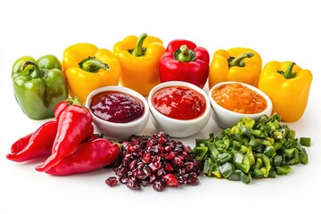 Colorful peppers and sauces arrangement on white background fresh ingredients vibrant food