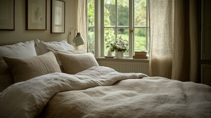 Cozy bedroom interior with linen bedding, window view, and natural light