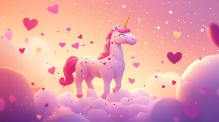 A unicorn standing on a patch of heart-shaped clouds with confetti raining down.