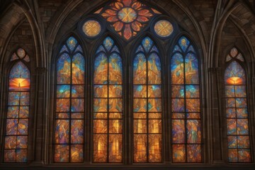 Fototapeta premium Stained glass windows in a church with intricate patterns and vibrant colors. Sunlight filters through the glass, casting beautiful reflections inside