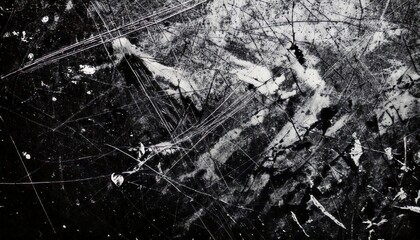 A monochrome grunge texture with black and white scratches, stains, and rough patterns.