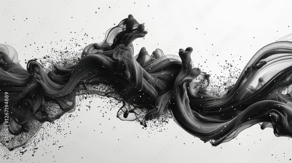 Poster abstract black ink swirl on white background with dynamic flow and splatter
