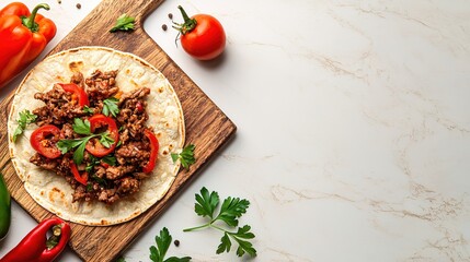Delicious beef taco on wooden board with fresh tomato bell pepper and parsley garnish