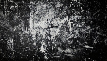 A monochrome grunge texture with black and white scratches, stains, and rough patterns.