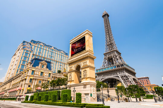 Macau- September 25, 2019: Beautiful view of the Eiffel Tower at Parisian Macao is a casino resort on the Cotai Strip in Macau, China owned by Las Vegas Sands.