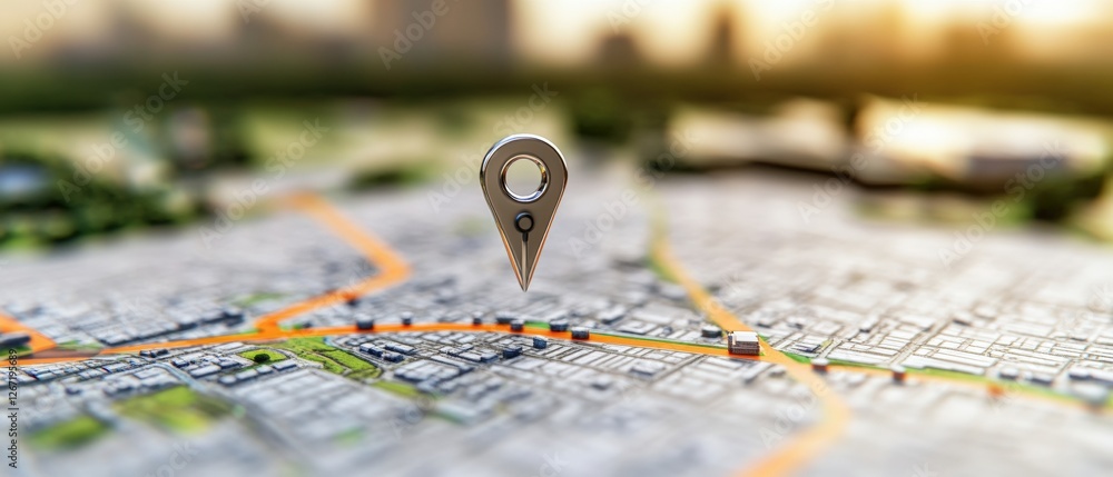Poster map with a pin indicating location in city highlighted by gps technology and artificial intelligence