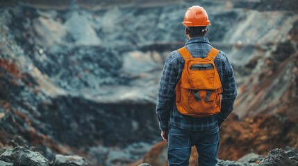 A man wearing an orange safety helmet, seen from behind, stands on the edge of a large excavation and looks into the depths of the mine.