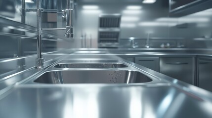 A sleek and modern kitchen design featuring stainless steel fixtures, emphasizing the cleanliness and functionality of a professional cooking space for culinary enthusiasts.