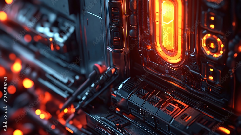 Poster futuristic engine core with glowing lights and intricate details of a complex machine design