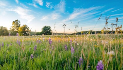 A beautiful meadow filled with wildflowers, grasses, and a variety of vibrant colors
