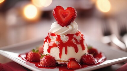 A luscious strawberry and cream-filled dessert features a delicate heart-shaped design on top, adding a romantic touch.