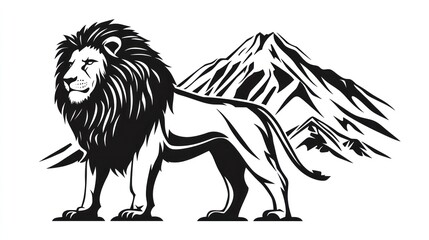 Obraz premium Majestic lion standing, mountain backdrop, wildlife, African savanna, nature, print