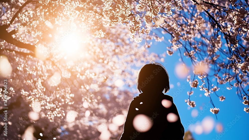 Canvas Prints 桜の木々と青空に映る小学生のシルエット