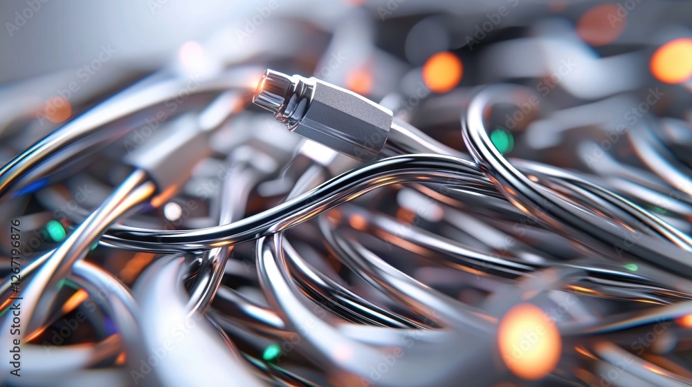 Poster silver cables intertwined with bokeh lights creating a futuristic and technological design