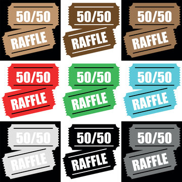 Collection of 50-50 raffle icons in different colors. Clipart image isolated on black and white background. Editable vector illustration.