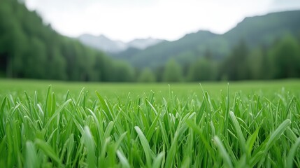 Obraz premium Lush green grass field, mountain backdrop, nature scene, travel photography