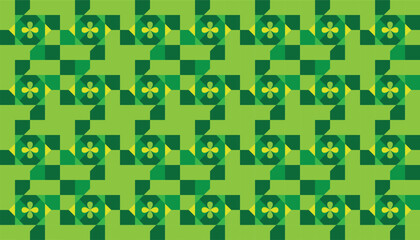 Obraz premium Seamless repeating geometric pattern consisting of circle and square shapes, arranged in a grid or checkerboard pattern. Various shades of green and yellow