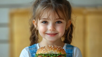 Naklejka premium Happy girl holding burger, kitchen background, food advert