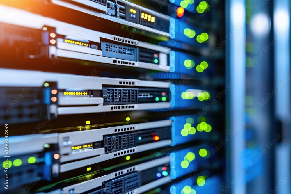 Poster data center server racks with glowing lights in a modern technology infrastructure setup