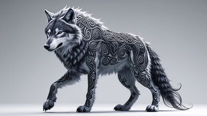 Fototapeta premium Monochrome tribal wolf illustration with intricate artistic patterns and symmetrical details