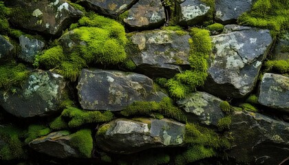 A rocky grunge texture with moss growing in cracks and rough, uneven surfaces.