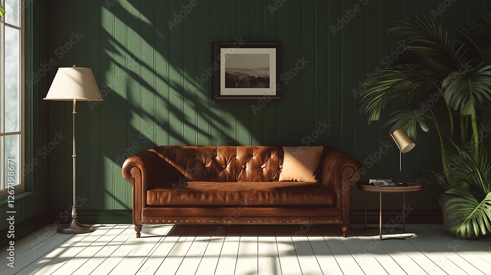 Canvas Prints Sunlit living room with brown leather sofa, green wall, plant, and floor lamp.