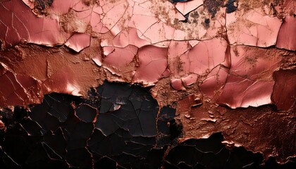 Fototapeta premium A rose gold and black grunge background with peeling layers and rough textures.