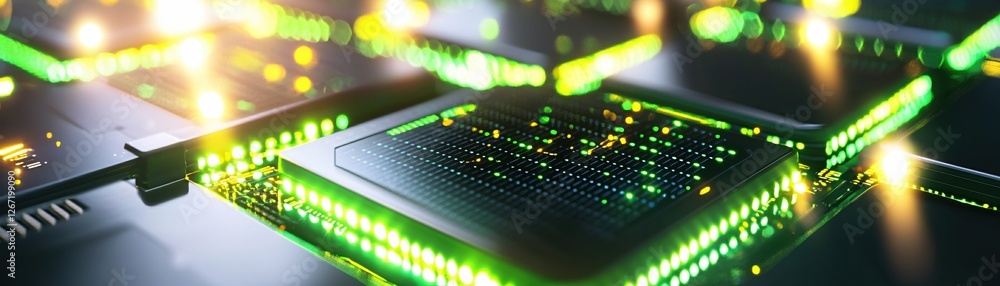 Aufkleber modern processor unit with green and yellow lights shining on a dark surface close up view