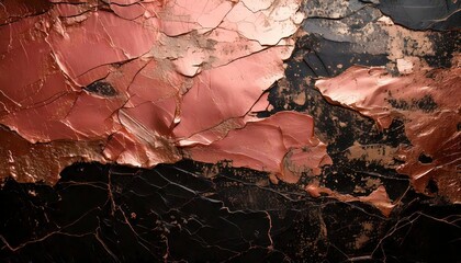 Naklejka premium A rose gold and black grunge background with peeling layers and rough textures.