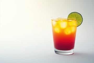 Fototapeta premium Refreshing tequila sunrise cocktail with lime slice and ice cubes on a bright background
