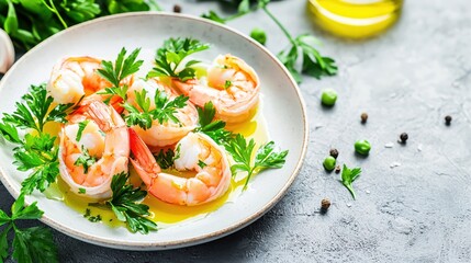 Delicious Shrimp Scampi with Fresh Parsley and Olive Oil on a Rustic Gray Background Tabletop