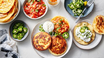 Delicious Mexican Cuisine with Tostadas Salsa Cheese and Jalapenos on a Marble Surface