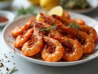 Bowl of delicious roasted prawns seasoned with herbs and spices ready to be eaten. AI generated photo realistic image