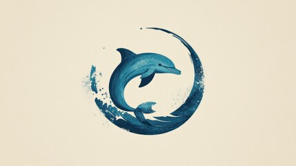Fototapeta premium Dolphin leaping, ocean wave circle, beige background, marine wildlife illustration