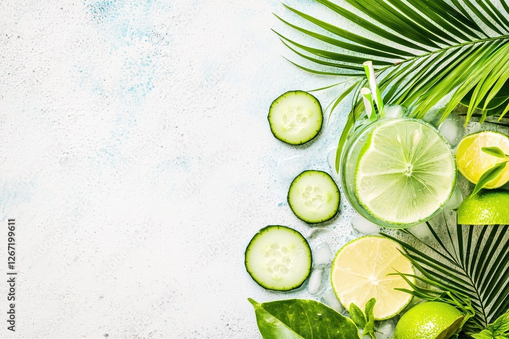 Poster refreshing citrus infusion with cucumber and palm leaf on textured white background