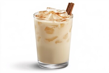 Refreshing horchata drink with ice cubes and cinnamon sticks on a clean white background