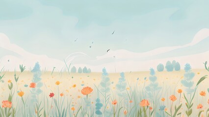 Summer meadow, birds fly, pastel sky, floral design, website banner