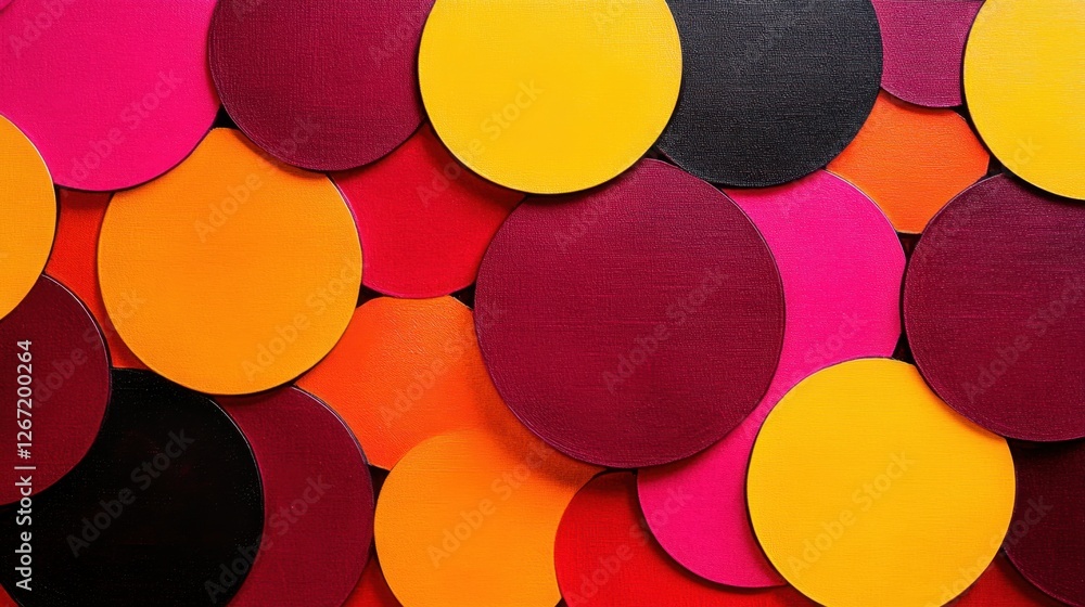 Poster an abstract close-up shot of overlapping, brightly colored discs in varying sizes, creating a textur