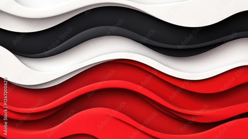 Poster an abstract composition featuring flowing, layered waves in red, white, and black, creating a sense 