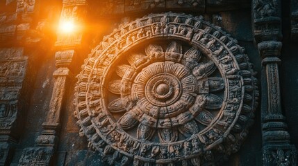 Obraz premium An intricate mandala pattern carved into a stone temple wall, glowing in warm light.