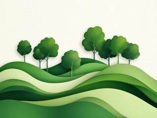 Fototapeta premium Abstract green layered paper cut landscape illustration with rolling hills trees and sun creating a modern eco friendly nature inspired digital artwork