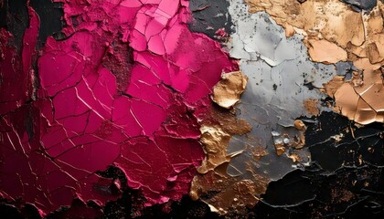 Obraz premium A rube, rose gold, silver and black grunge background with peeling layers and rough texture.