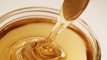 Honey being stirred with a wooden dipper, emphasizing the smooth, golden texture of the natural sweetener.