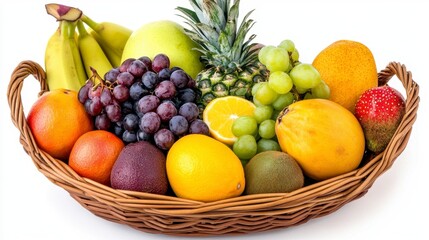 Exotic Assorted Fruits Display in Woven Basket on Clean White Backdrop in Bright Studio Lighting