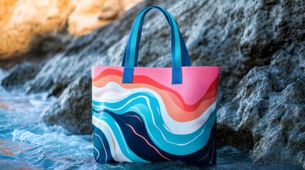 Obraz premium Stylish Tote Bag with Wave Pattern on Rocky Beach with Vibrant Color Accents