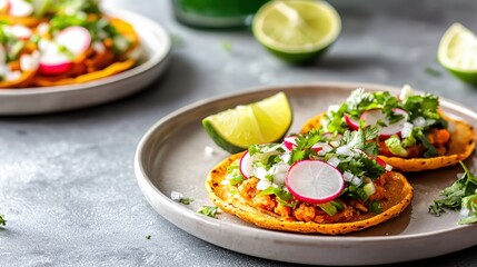 Fresh and Vibrant Tostadas with Lime and Radish Toppings on a Plate Culinary Delight