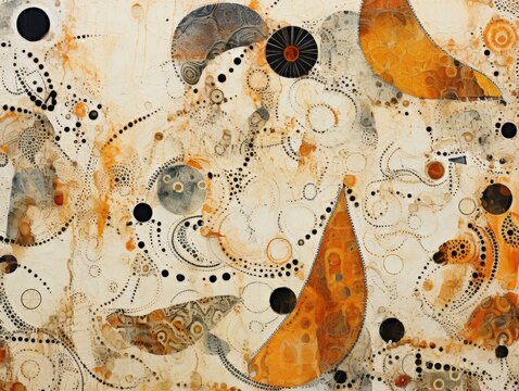 Abstract art with yellow shapes and black dots on white background for decoration or illustration